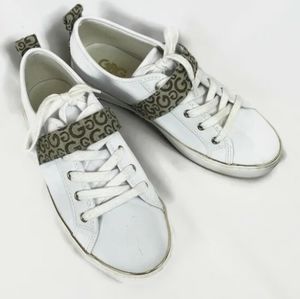 Guess GBG Gravie women's size 11 white, gold low top leather athletic shoes EUC